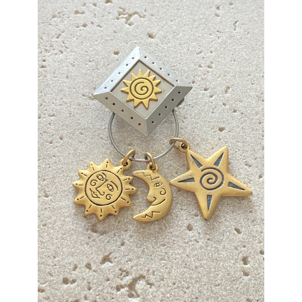 Vintage Celestial Sun Moon & Star Dangle Brooch Silver & Gold Tones Galaxy